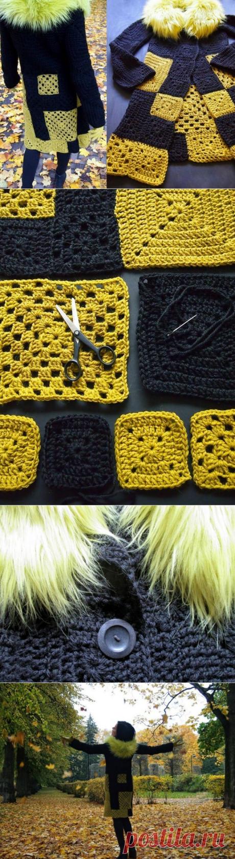 Вязаное молодежное пальто из квадратных мотивов МК