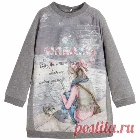 Mayoral - Grey Sweater Dress with Dreams Print | Childrensalon
