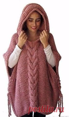 Комфортное пончо с капюшоном (Вязание спицами)