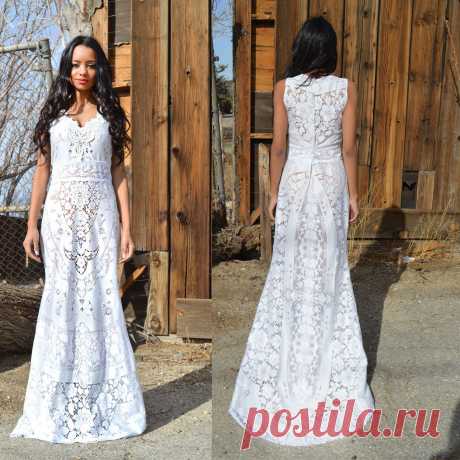 Vintage Sheer Crochet Scallop Lace Hippie Boho WEDDING Maxi Dress W/ Mini Train