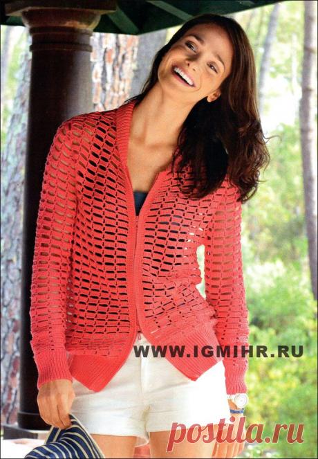 Красный жакет на застежке-молнии, от французских дизайнеров. Крючок и Спицы.