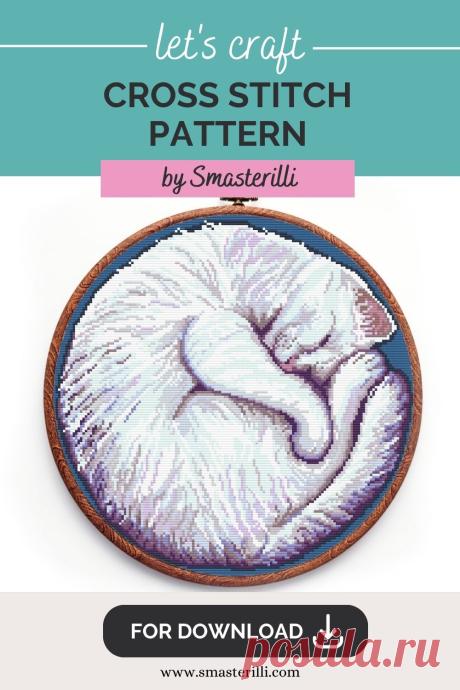 Sleeping white cat cross stitch pattern PDF by Smasterilli. Digital cross stitch pattern for instant download. Cat Lover's Gift idea for handmade craft