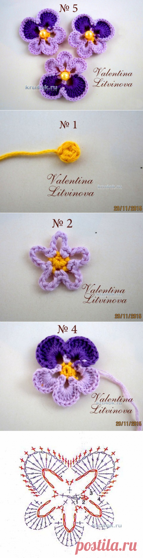 Мастер – класс Валентины Литвиновой Цветочек Анютины Глазки - вязание крючком на kru4ok.ru