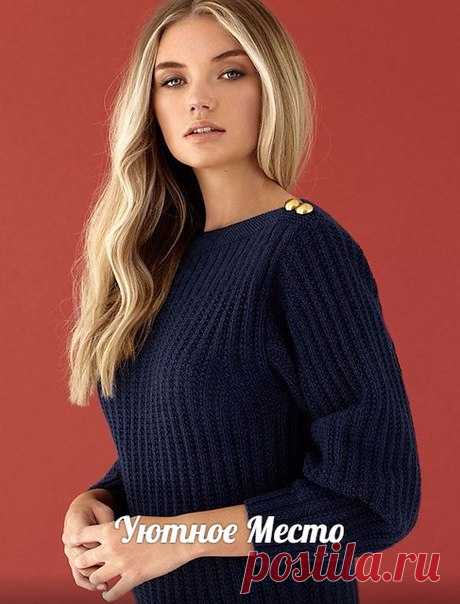 Пуловер «Navy» by Kim Hargreaves

Пуловер с прямым вырезом горловины вяжется спицами польской резинкой. Украшением модели становится ложная застежка на плечах, которую украшают объемные декоративные пуговицы. 
Размеры XS (S, M, L, XL, XXL). Обхват груди 81 (86, 91, 97, 102, 109) см.