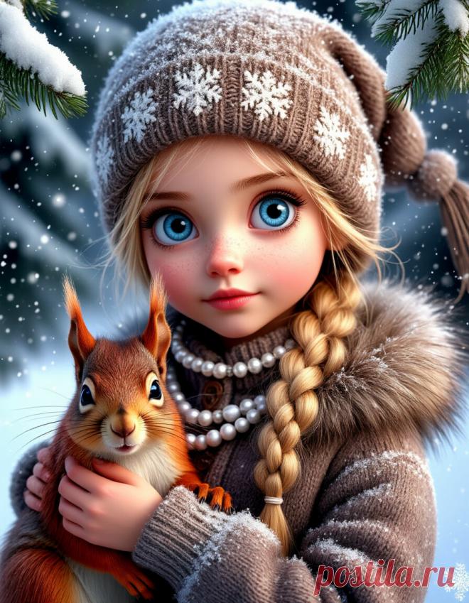 девочка с белокурыми волосами и большими голубыми глазами. Она одета в зимнюю одежду, включающую шапку с украшением в виде снежинки и меховую отделку вокруг лица. Ее волосы заплетены в косу, которая свисает на плечо. На шее у нее ожерелье из белых бусин. Девочка держит в руках рыжую белку, которая смотрит прямо в камеру. Фон видны засн...