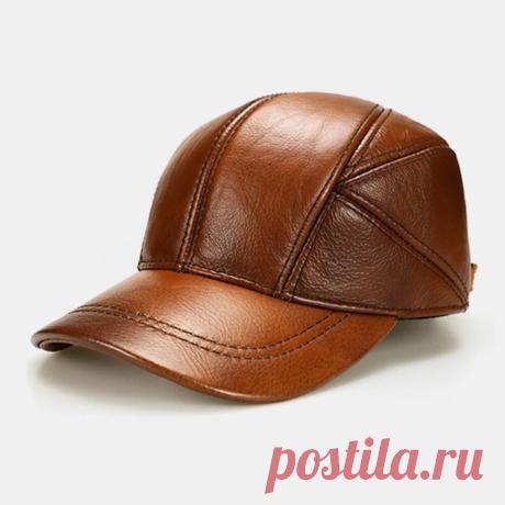 Men Genuine Leather Adjustable Round Top Ear Protection Large Brim Keep Warm Bas - US$33.99