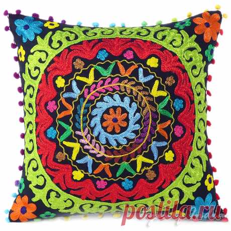 Black Green Red Embroidered Colorful Decorative Couch Throw Pillow Sofa Cushion Cover - 16" | Embroidered Pillows | Eyes of India