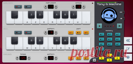 Tony-b Machine, SID Chiptune Synthesizer SID Vintage Sounds. Play Any Melody In Live. Run Drum And Bass Loops. Play/Edit Memorized Sequences. Trigger Special Effects. Import MIDI Files. Multi-Touch. Plug MIDI Keyboard. Plug Gamepad. Export To WAV/MP3/MP4. Play Offline.