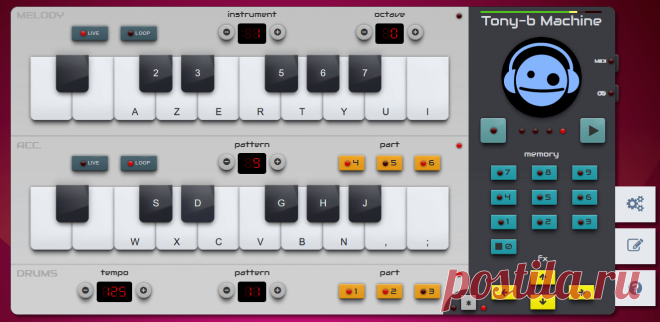 Tony-b Machine, SID Chiptune Synthesizer SID Vintage Sounds. Play Any Melody In Live. Run Drum And Bass Loops. Play/Edit Memorized Sequences. Trigger Special Effects. Import MIDI Files. Multi-Touch. Plug MIDI Keyboard. Plug Gamepad. Export To WAV/MP3/MP4. Play Offline.