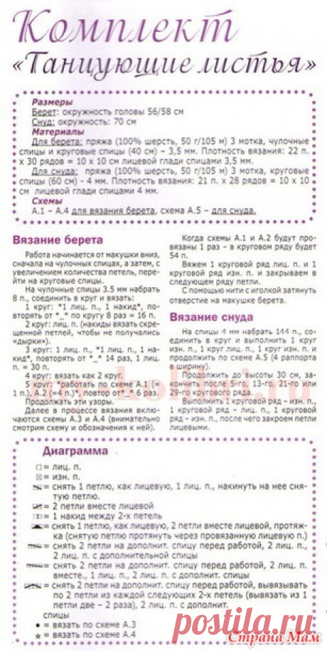 . Комплект- Берет "Dancing leaves" Танцующие листья и снуд двухсторонний + схема и описание - Вязание - Страна Мам