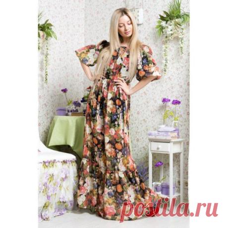 САРАФАН В ПОЛ ПРИНТ FLOVER.ОСНОВА ШИФОН "MEMORY". ДЕКОРИРОВАНО КУПОНОМ. ДЛИНА ИЗДЕЛИЯ 152 СМ. РАЗМЕР УНИВЕРСАЛ (42-44-46).