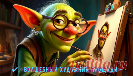 ✔ «Волшебный художник площади»
На городской площади, залитой солнечным светом, появился необычный гость — художник-гоблин.
Его седая длинная борода спускалась почти до самой каменной дороги, а остроугольная шляпа придавала таинственный вид.
Глаза художника были большими и красивыми, ярко-голубого цвета, сверкая за золотыми очками.
А рядом стоял волшебный мольберт, излучавший загадочное сияние...