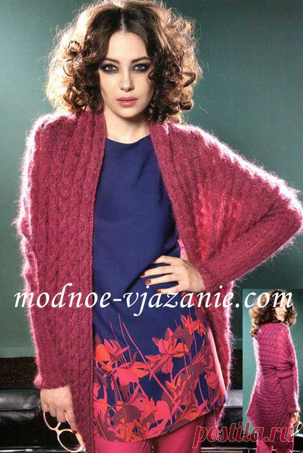 Мохеровый кардиган без застежки, спицами, узором в "косы". / modnoe-vjazanie.com