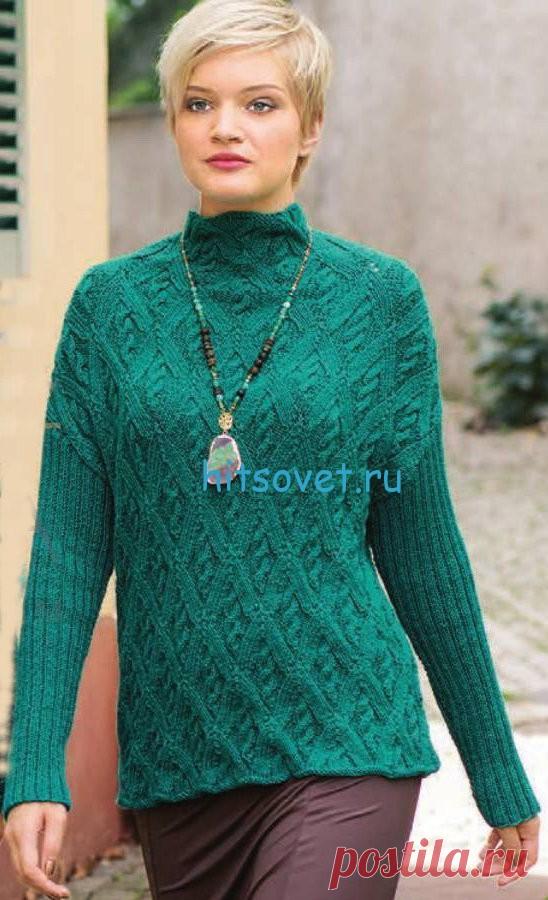 Вязание пуловера с ромбами и косами - Хитсовет Вязание пуловера с ромбами и косами. Для вязания пуловера Вам потребуется: 550 (650) г изумрудно-зелёной пряжи Chester (55% шерсти, 33% полиакрила, 12% кашемира, 118 м/50 г); прямые и круговые спицы №4,5.
