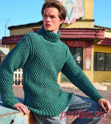 Мужской пуловер с воротником гольф и узором со снятыми петлями — Shpulya.com - схемы с описанием для вязания спицами и крючком