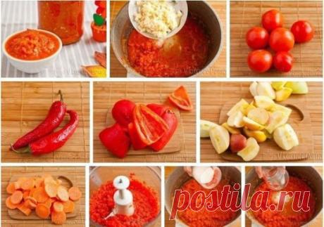 Аджика на зиму
Аджика на зиму вареная – рецепт очень вкусный и практичный. Подходит зимой абсолютно к любому блюду: мясо, рис, спагетти, картошка… За счет яблок и морковки – имеет определенную сладость и не сильно острая. Можно этот рецепт еще назвать – аджика с яблоками на зиму.