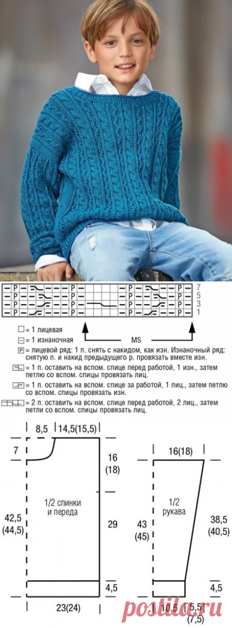 Пуловер с узором «косы» для мальчика - Вязание спицами для детей