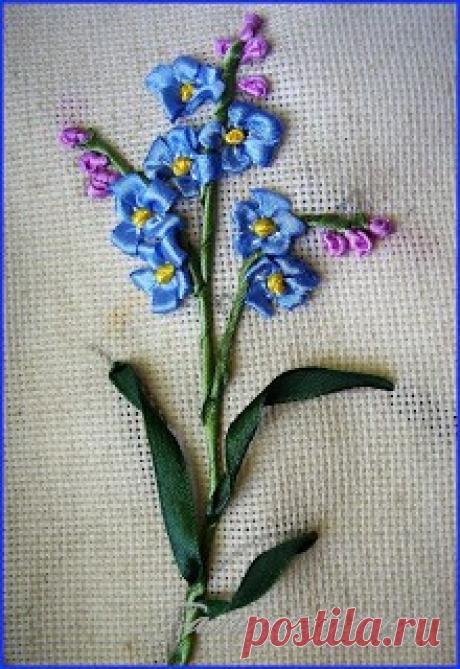 Вышиваем незабудку лентами Вышиваем незабудку лентами"Перекрученным" стежком будем вышивать стебель и закреплять свои умения; "стежком с завитком" вышьем листья, только немного его усложним; "узелками" - серединки цветов и бутоны; а новым швом "петелька под корешок" создадим лепестки.Сложность этой работы только в...