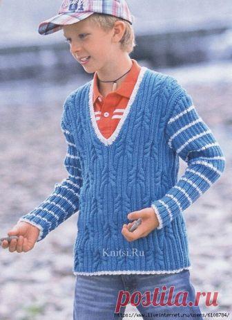Детский пуловер с узором из кос и резинки