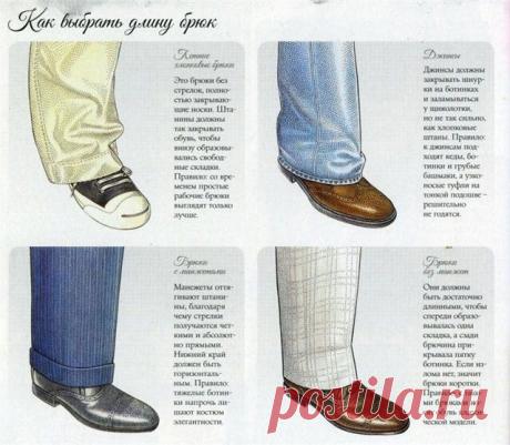 Как выбрать длину брюк

Летние хлопковые брюки
Это брюки без стрелок полностью закрывающие носки. Штанины должны так закрывать обувь, чтобы внизу образовывались свободные складки. Правило: со временем простые рабочие брюки выглядят только лучше.

Джинсы
Джинсы должны закрывать шнурки на ботинках и заламываться у щиколотки, но не так сильно, как хлопковые штаны. Правило: к джинсам подходят кеды, ботинки и грубые башмаки, а узконосые туфли на тонкой подошве решительно не год...