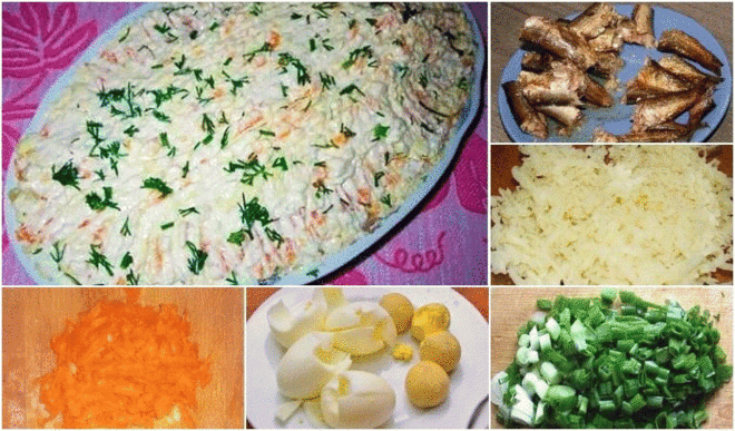 Вкуснейший рецепт праздничного салата "Шпротка" 
Продукты: 
шпроты 1 банка 
картофель 3-4 шт. 
морковь 2-3 шт. 
яйца 3-4 шт. 
зелёный лук 
укроп 
соль 
майонез