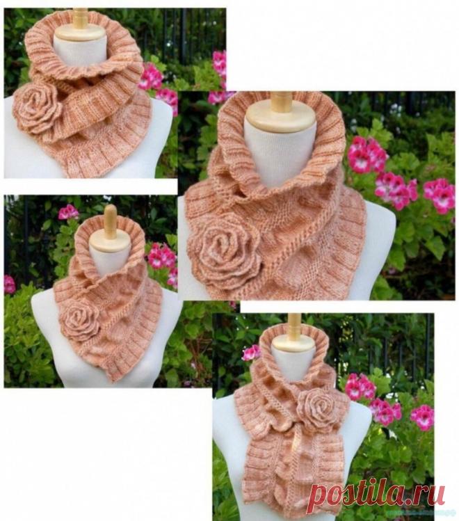 КРАСИВЫЙ ШАРФ - ВОРОТНИК С РОЗОЙ. ПОДРОБНЫЙ МАСТЕР - КЛАСС.  Вязание на спицах, мастер-класс.
Красивый шарф с розами, выполненный в технике ирландского кружева, станет модным аксессуаром для модницы.
Подробный мастер - класс по вязанию шарфа - воротника с цветами из ажурной сетки мы предлагаем вам посмотреть и изучить.
Шарф - воротник можно связать как с лицевой, так и с изнаночной стороны работы.
Чтобы облегчить вашу работу при вязании, предлагаем вам использовать нашу схему вязания крючком.
…