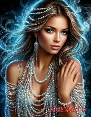 «Шикарная девушка украшена множеством длинных нитей жемчуга, которые создают эффект водопада, струящегося по …» — картинка создана в Шедевруме Шикарная девушка украшена множеством длинных нитей жемчуга, которые создают эффект водопада, струящегося по плечам, груди и рукам. Это придаёт образу роскошь и утончённую богемную элегантность. Фантазия, серебристый и синий неоновый дым, кокетливая поза, стиль рисунка Ли Богл.