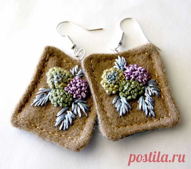 Hydrangea Fiber Fabric Earrings Textile Hand embroidery