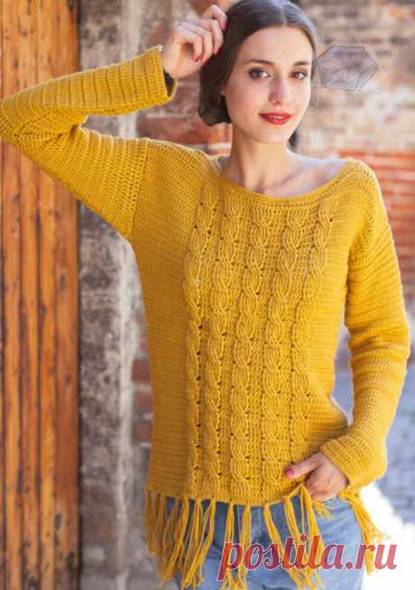 Желтый пуловер крючком с узором из кос

Размеры: 34/36 (38/40) 42/44

Вам потребуется: пряжа (50% натуральной шерсти, 50% полиакрила; 125 м/50 г) — 500 (550) 600 г желтой; крючок № 4,5; 1 пуговица.

Основной узор: ст. с/н. Каждый ряд начать с 3 в.п. подъема вместо 1-го ст. с/н и закончить 1 ст. с/н в последнюю в.п. подъема предыдущего ряда. Начиная со 2-го ряда (= изнаночный ряд) в изнаночных рядах вводить крючок только за переднюю стенку, в лицевых рядах — только за задню...