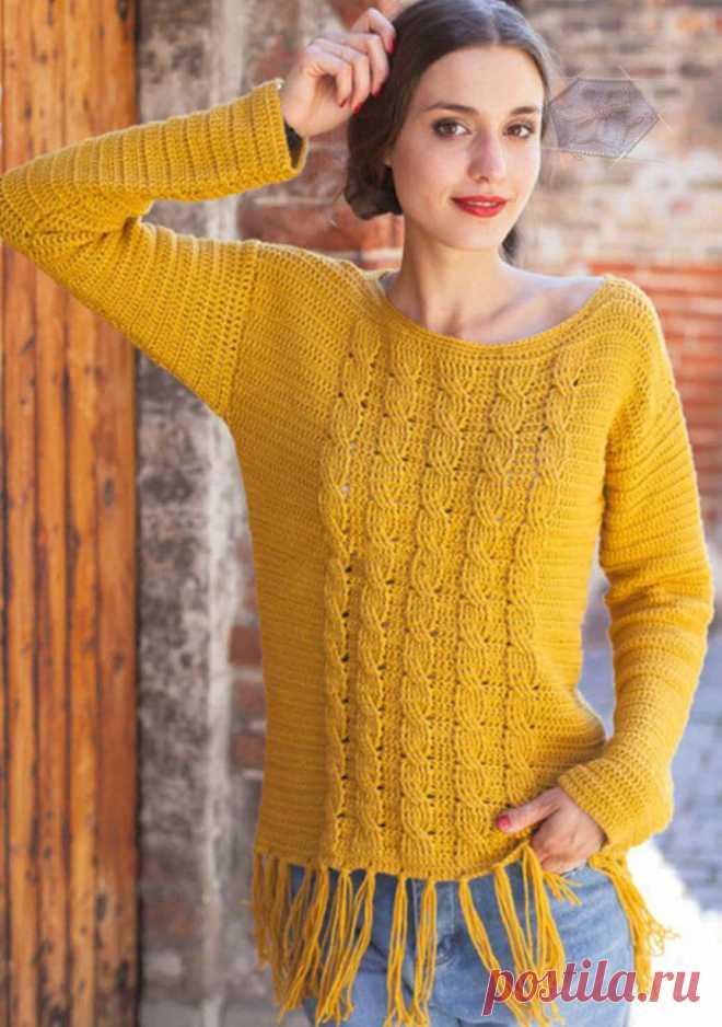 Желтый пуловер крючком с узором из кос

Размеры: 34/36 (38/40) 42/44

Вам потребуется: пряжа (50% натуральной шерсти, 50% полиакрила; 125 м/50 г) — 500 (550) 600 г желтой; крючок № 4,5; 1 пуговица.

Основной узор: ст. с/н. Каждый ряд начать с 3 в.п. подъема вместо 1-го ст. с/н и закончить 1 ст. с/н в последнюю в.п. подъема предыдущего ряда. Начиная со 2-го ряда (= изнаночный ряд) в изнаночных рядах вводить крючок только за переднюю стенку, в лицевых рядах — только за задню...
