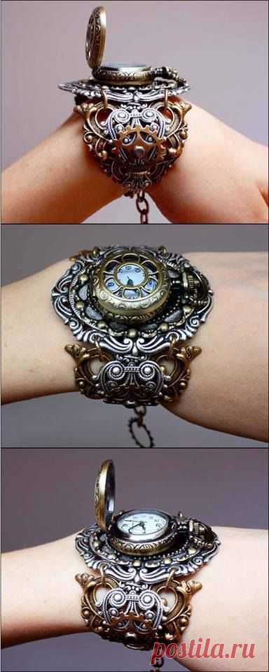Steampunk Wristwatch.  Large filigree bangle/cuff with a pocket watch. Now how would one connect the two? #provestra