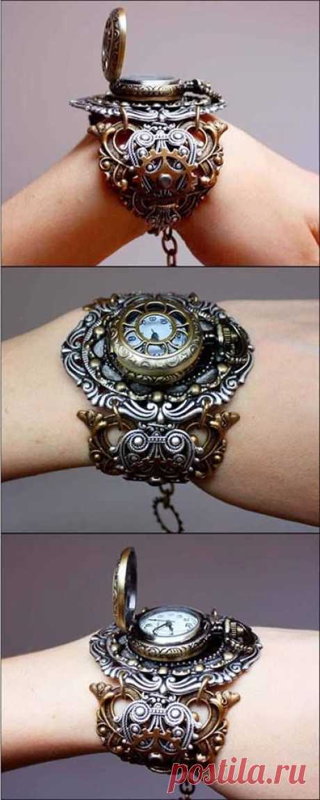 Steampunk Wristwatch.  Large filigree bangle/cuff with a pocket watch. Now how would one connect the two? #provestra