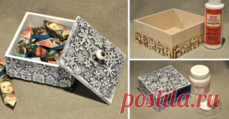 Декорируем деревянный короб для подарка Хочу предложить вам очень простой и быстрый вариант декора короба для подарка. Хотя таким же способом можно задекорировать ёлочные шары или вообще всё, что угодно.