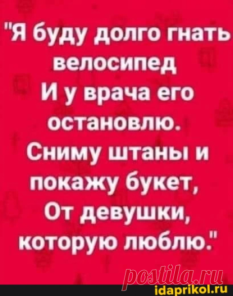 "Я буду долго гнать велосипед Иу врача его остановлю. Сниму штаны и покажу букет, От девушки, которую люблю." - ) / АйДаПрикол .)