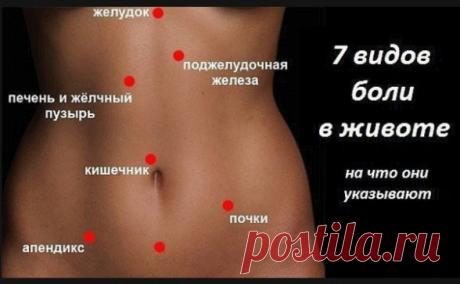 7 ВИДОВ БОЛИ В ЖИВОТЕ:
1. Боль в самом верху по центру, под ложечкой - это указывает на гастрит, 
Но может являться симптомом инфаркта (особенно если боль отдает в правую руку), либо аппендицита.
2. Боль в правом подреберье.
Резкая боль, сопровождающаяся тяжестью, тошнотой, отдает в правое плечо - скорее всего является желчной (печеночной) коликой. Может свидетельствовать о наличии камней в желчном пузыре.
Тупая боль, сопровождающаяся потерей аппетита - скорее всего это ди...