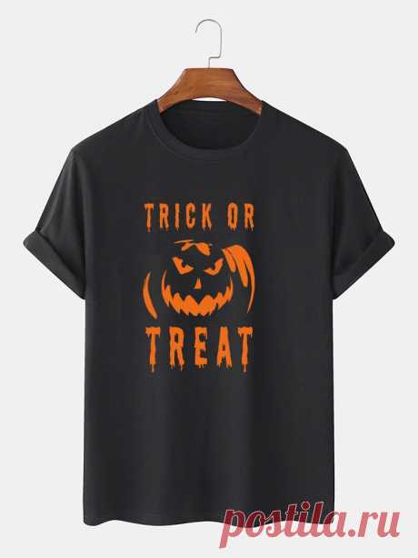Mens 100% Cotton Letter & Pumpkin Print Halloween Short Sleeve T-Shirts - US$12.99