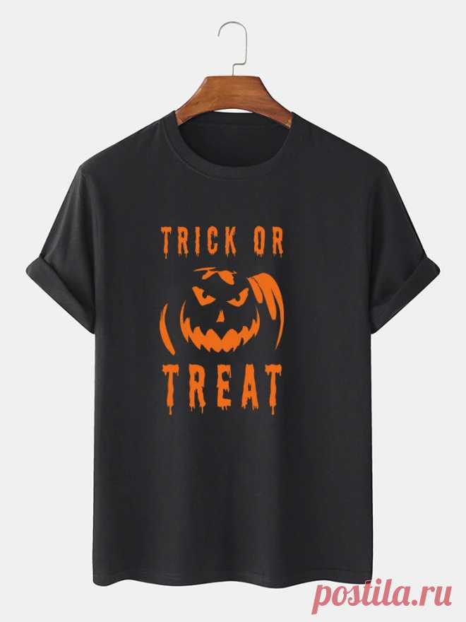 Mens 100% Cotton Letter & Pumpkin Print Halloween Short Sleeve T-Shirts - US$12.99