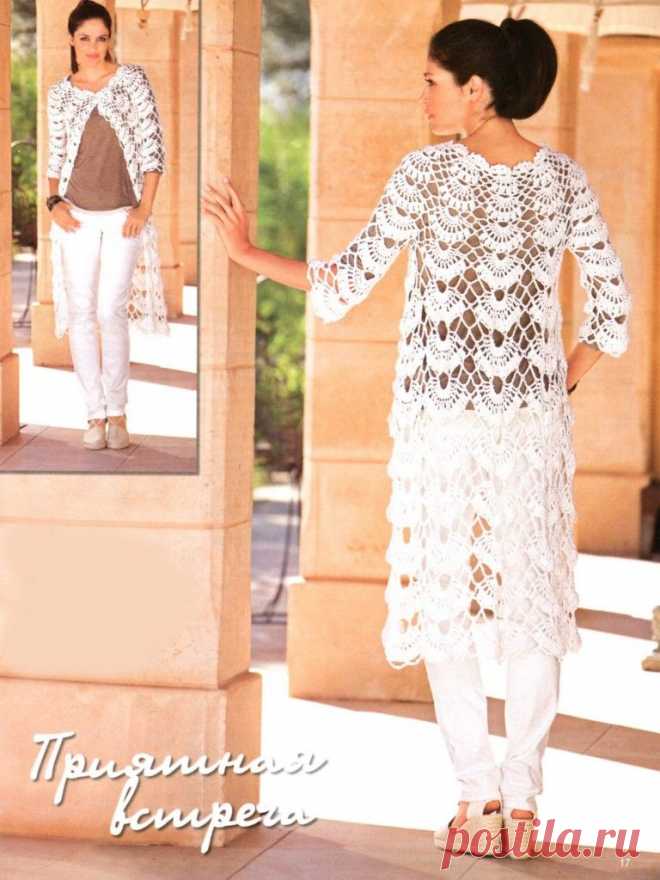 Белое ажурное пальто крючком веерным узором / Журнал Вдохновение Рукодельницы