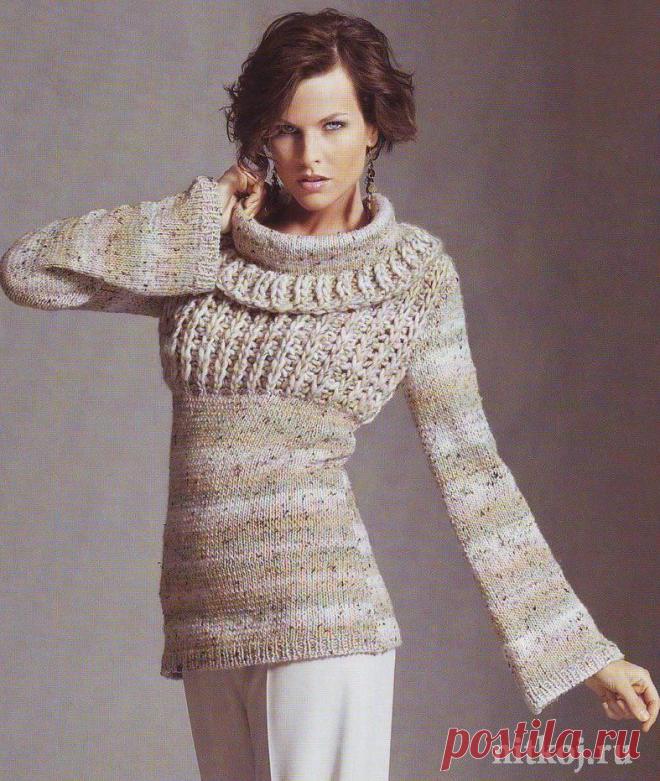 Пуловер спицами с интересным воротником