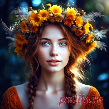 РЫЖЕВОЛОСАЯ КРАСОТКА в ЛЕТНЕМ ВЕНКЕ (нейросеть Шедеврум). Красотки, созданные нейросетями.