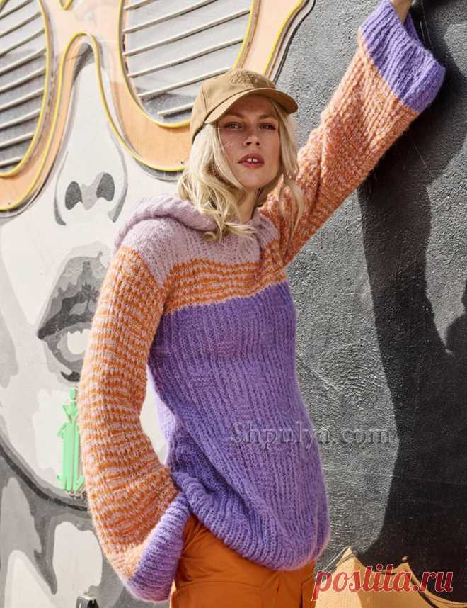 Длинный вязаный пуловер с капюшоном и рукавами-раструбами — Shpulya.com - схемы с описанием для вязания спицами и крючком