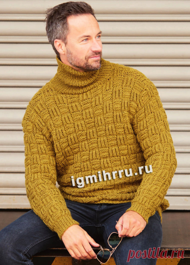 Мужской джемпер с шахматным узором спицами. Размеры: 48/50 (54/56) Потребуется: 700 (800) г пряжи цвета хаки Junghans-Wolle «Peru» (50% полиакрила, 35% шерсти альпака, 15% натуральной шерсти; 94 м/50 г); спицы № 4,5 и 5; круговые спицы № 4,5