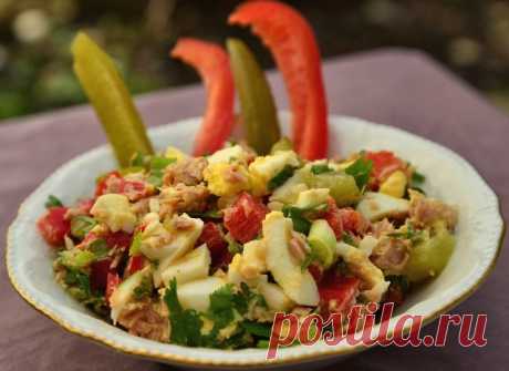 «Салат с тунцом от Лены Запасской»

Автор варианта приготовления © Лена Запасская, Яффо, Израиль
Салат «туна» – это народное израильское блюдо, почти как оливье был для советского человека, но этот салат не обязательно для праздничного стола, а для обеда на работе. Это перекус для проголодавшегося человека.
Измельчаем и перемешиваем следующие ингредиенты:
2 порубленных сваренных вкрутую яйца, банка консервированного тунца (в масле или в соусе без масла), половина мелко пор...