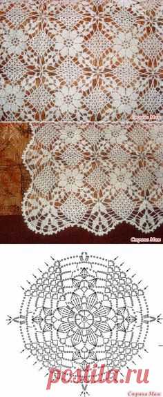 Crochet lace tablecloth square with flower and diamonds motif. Many beautiful filet crochet valances, curtains, doilies etc. in this page