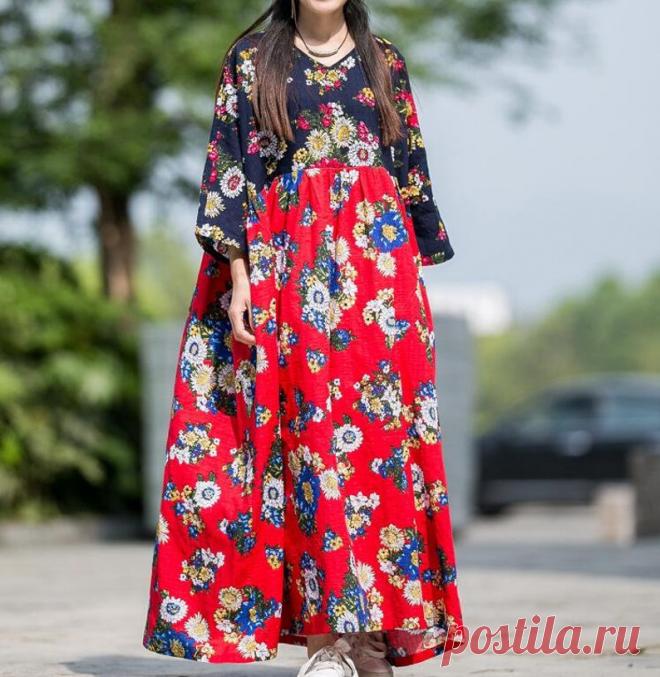 Cotton Full Length Dress red long dress wedding dress boho | Etsy