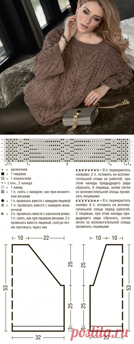 Джемпер с патентными узорами и «косами» - схема вязания спицами. Вяжем Джемперы на Verena.ru