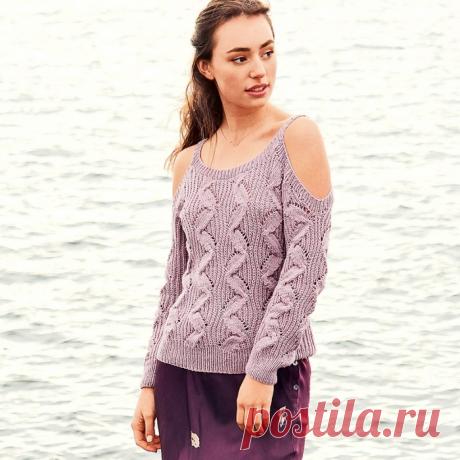 Эффектный летний джемпер-реглан с вырезами на плечах Джемпер реглан впечатляет не только сочетанием патентных петель и зигзагообразных «кос». Вырезы на плечах смотрятся изысканно и очень соблазнительно! РАЗМЕРЫ 34/36 (40) 44/46 ВАМ ПОТРЕБУЕТСЯ Пряжа (55% кашемира, 45% хлопка; 85 м/25 г) — 300 (350) 400 г сиреневой; спицы №3,5; круговые спицы №3,5...