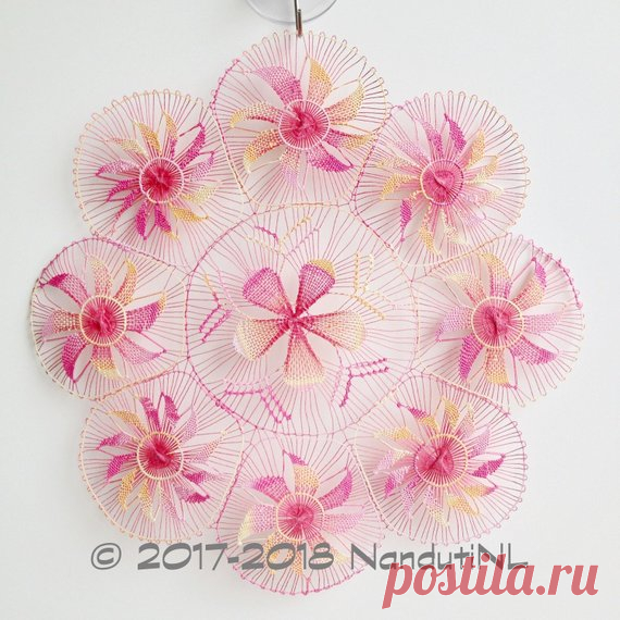 Ñandutí Handmade Lace Paraguayan Embroidered Lace Nanduti Sol Lace Doily Home Decor Wall Art - Pink, Yellow (18,5cm.) Use the Ñandutí as window decoration, as a wall decor, or use it under a vase or bowl as an accent in table centerpieces. You can back it with a contrasting cloth or matboard and frame it; then display it as a stunning wall hanging. It’s also a great gift for family and friends.  DETAILS Material: