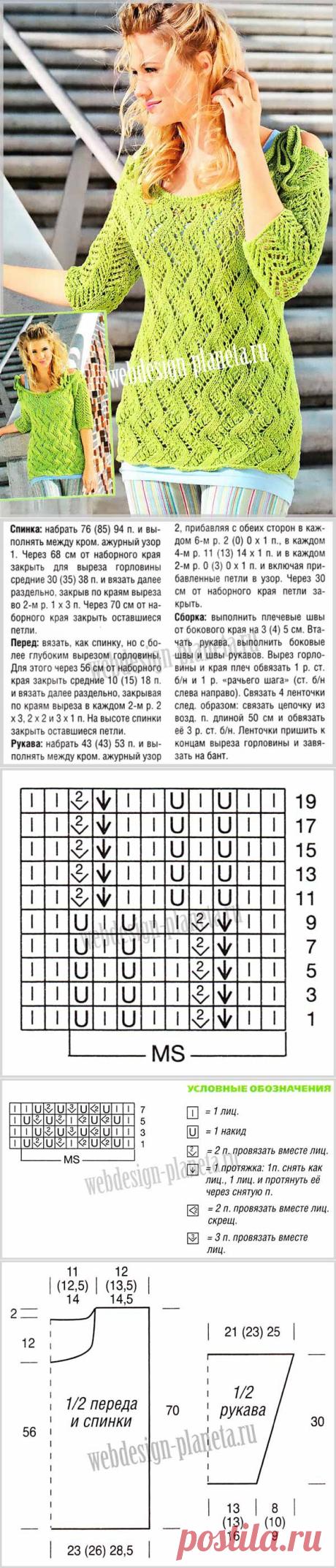 Ажурный женский пуловер спицами с оригинальным вырезом | Вязание спицами, вязание крючком | Мир увлечений современной женщины.