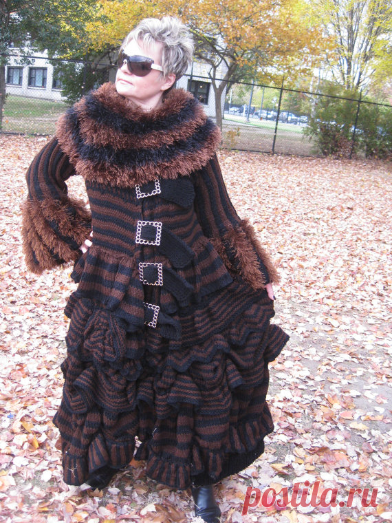 SALE! 30% OFF! Free shipping in United States! Handknitted Steampunk style black-brown long coat /sweater/jacket /skirt with ruffles One-of-the-kind wearable art coat. Gorgeous combination of black and rich brown; buckles closure up front; a lot of crunch details and ruffles on the skirt; puffy cuffs and adjustable collar- you can take it out or put it on. Bust is up to 42 inches, length is 48-50 inches, hip is up to 75 inches, sleeve length is 22-23 inches, armhole is 19 ...
